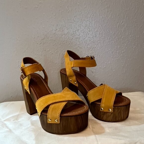 Aldo Mustard Yellow Suede Platform Sandals – Made in Italy – Size 6.5 / 37 – NEW - Picture 9 of 11